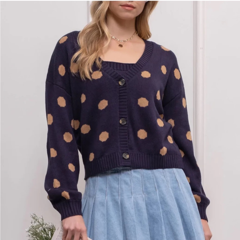Blu Pepper Women’s Navy & Tan Dot to Dot Polka Dot Cardigan Large NWT